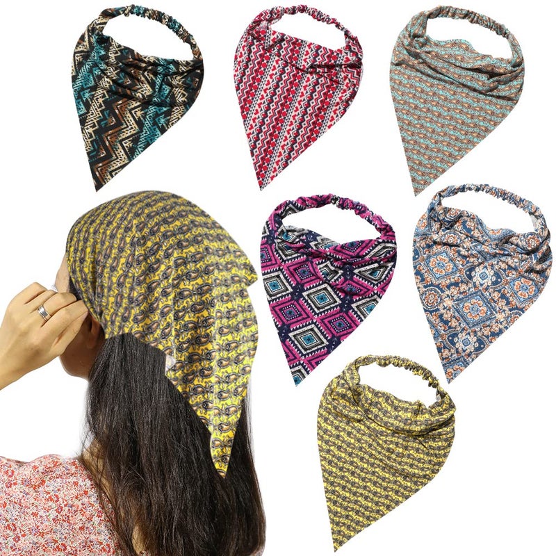6 Pack Boho African Hair Scarf Headband for women  Elastic Bandanas Scarves Headwrap Triangle Kerchief Large Non Slip Hair Accessories for Teen Girls